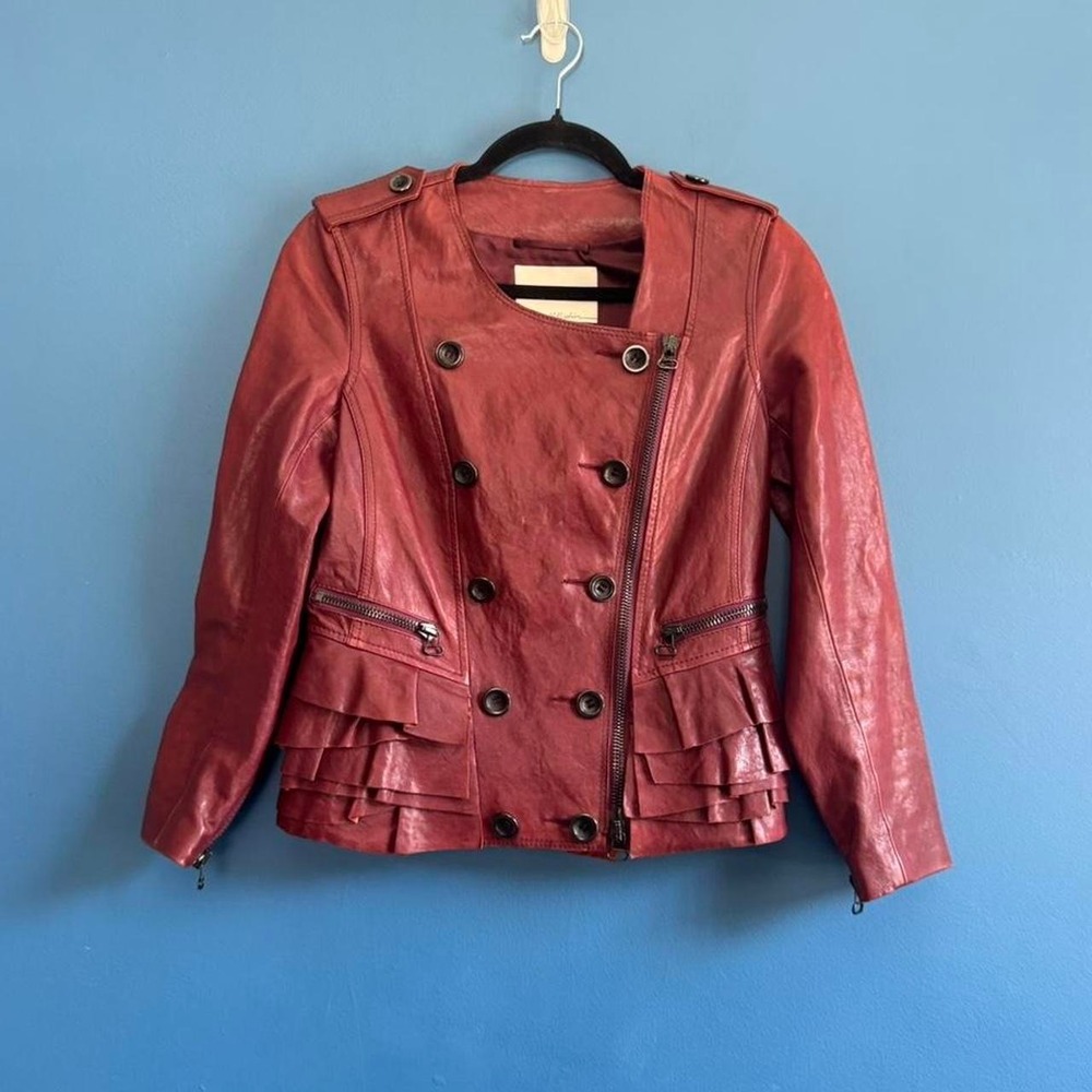 3.1 Phillip Lim Lamb Leather Jacket Women's Size 2 Burgundy Ruffle Zipper Silk‎
